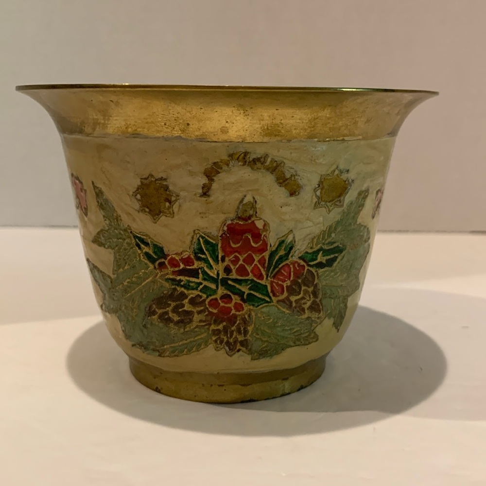 Vintage Cloisonné ee, brass, Christmas bowl. Adorned with candle, stars, leaves